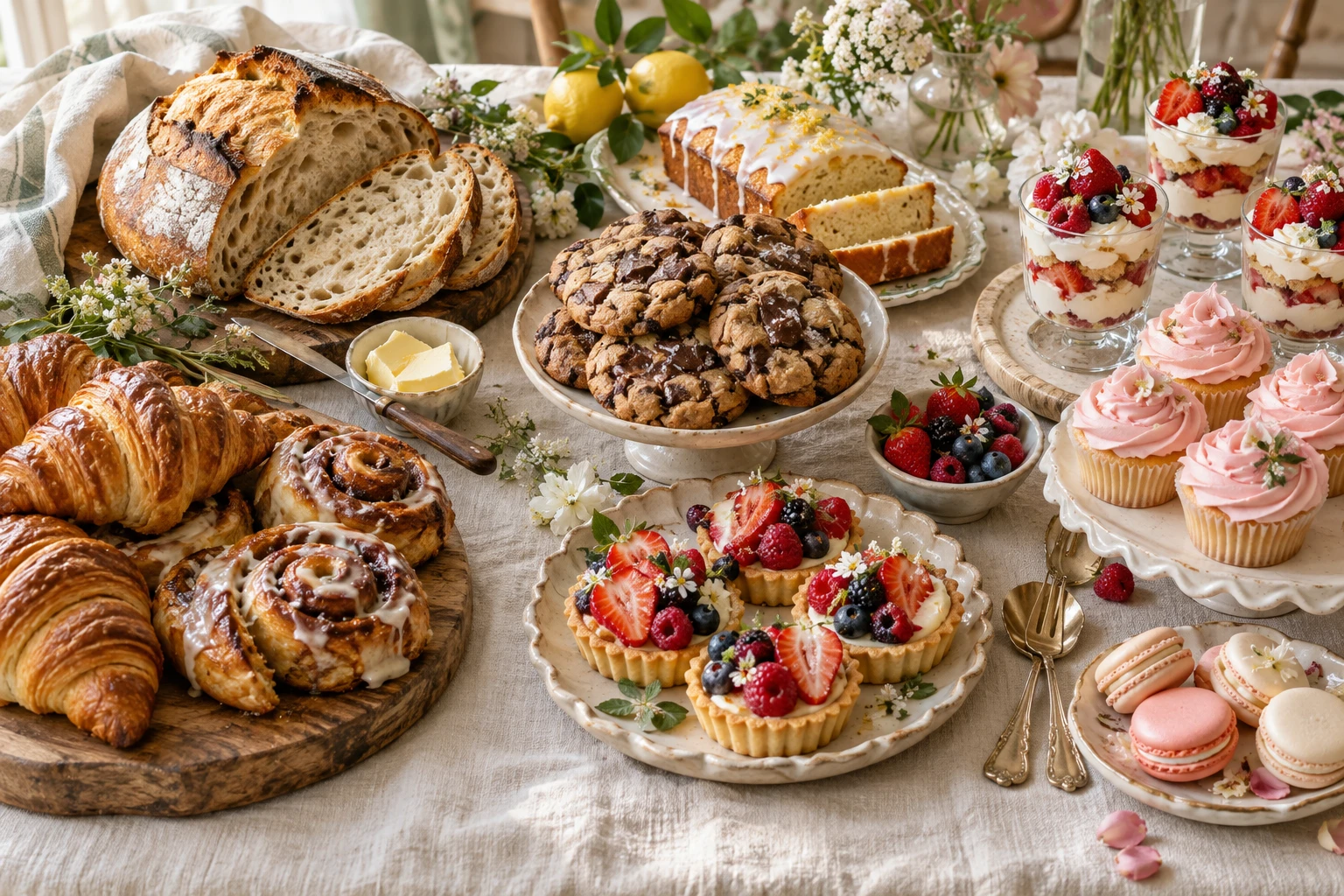 Bread and pastry inspiration on a warm bakery table