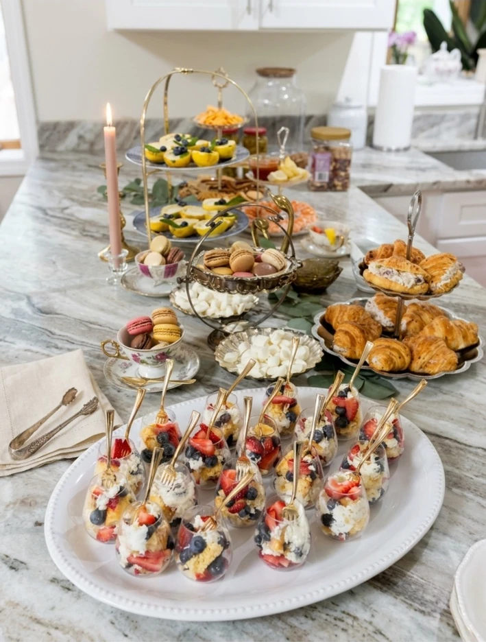 Emmie’s own gathering spread, with fruit dessert cups, macarons, croissants, and tiered serving trays